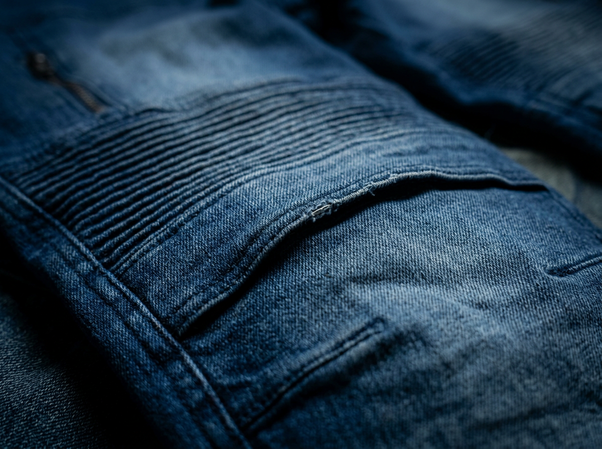 Close up of articulated knee panel and heavy stitching on CAOS work jeans