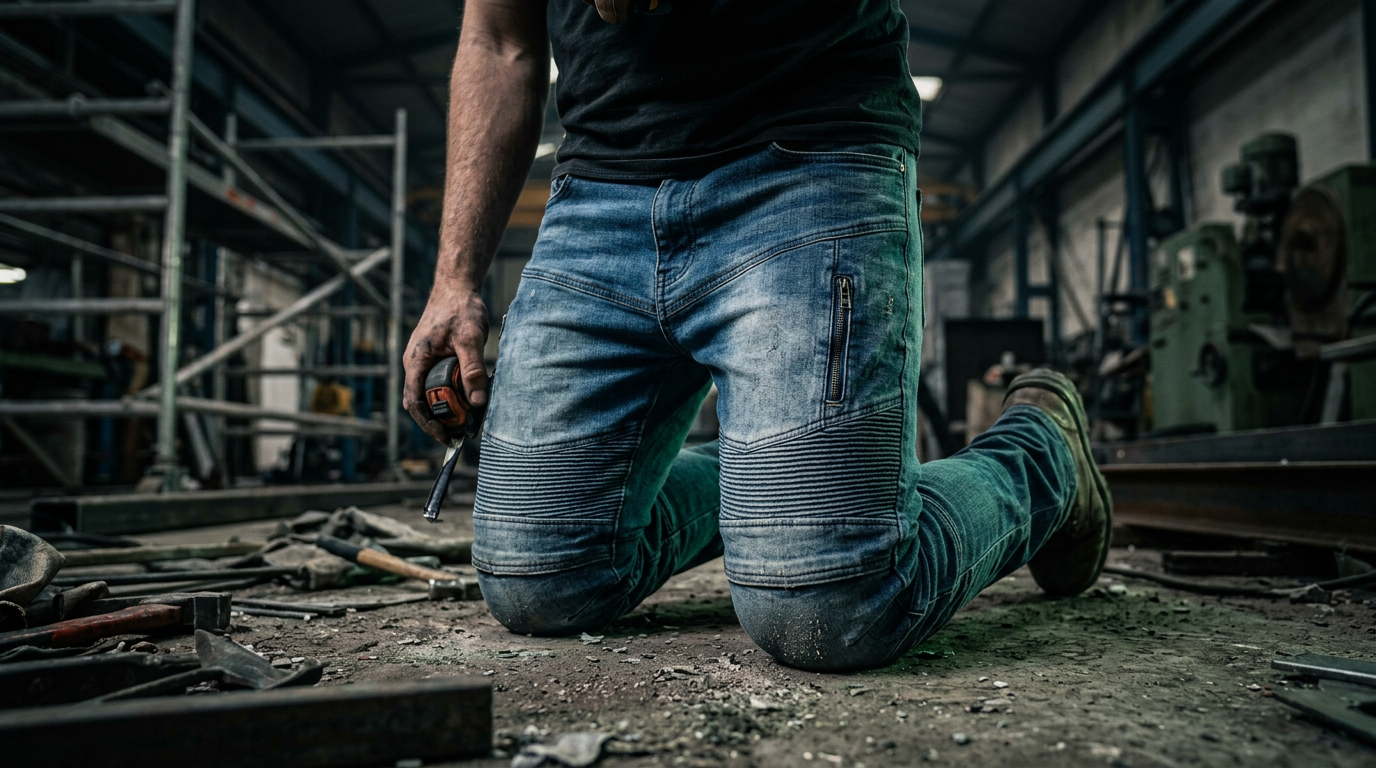 Tradesperson kneeling in heavy duty CAOS work jeans in a workshop